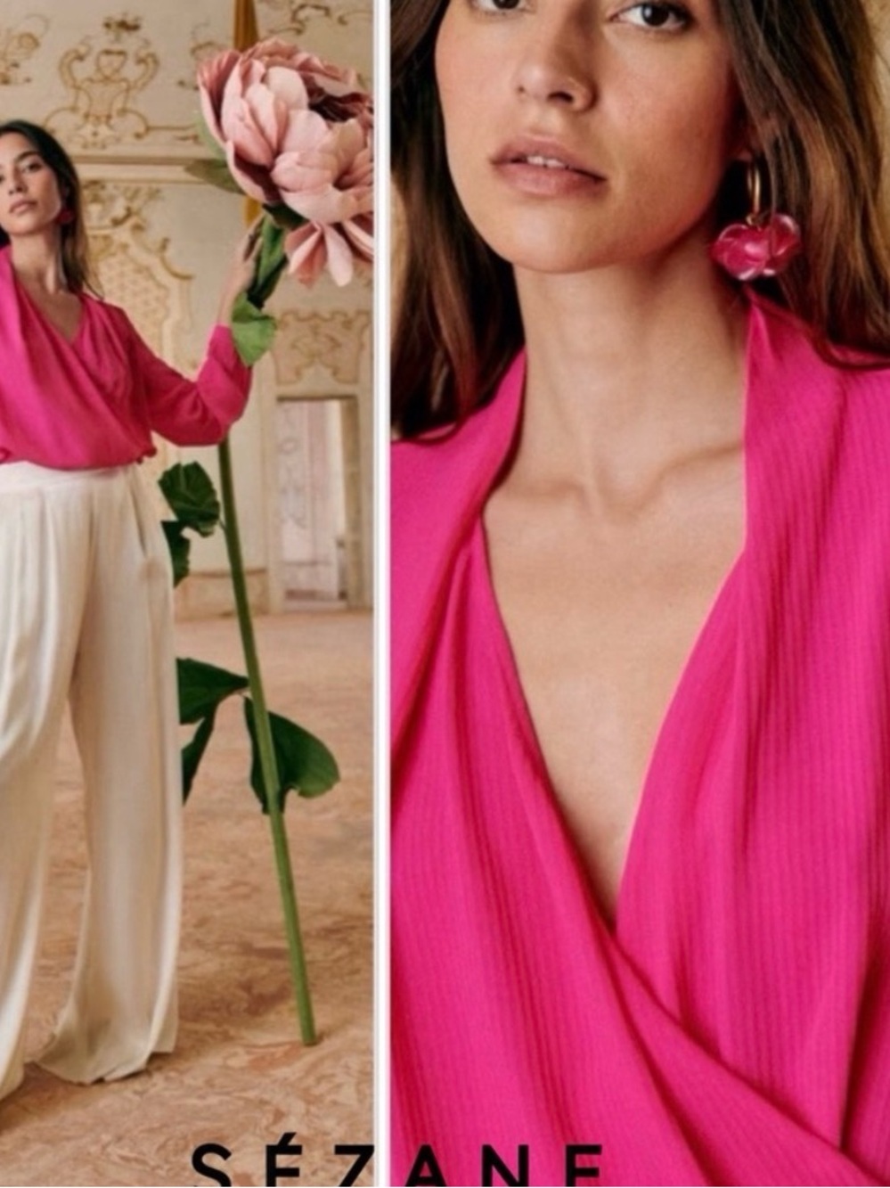 Sezane V-Neck Hot Pink Blouse